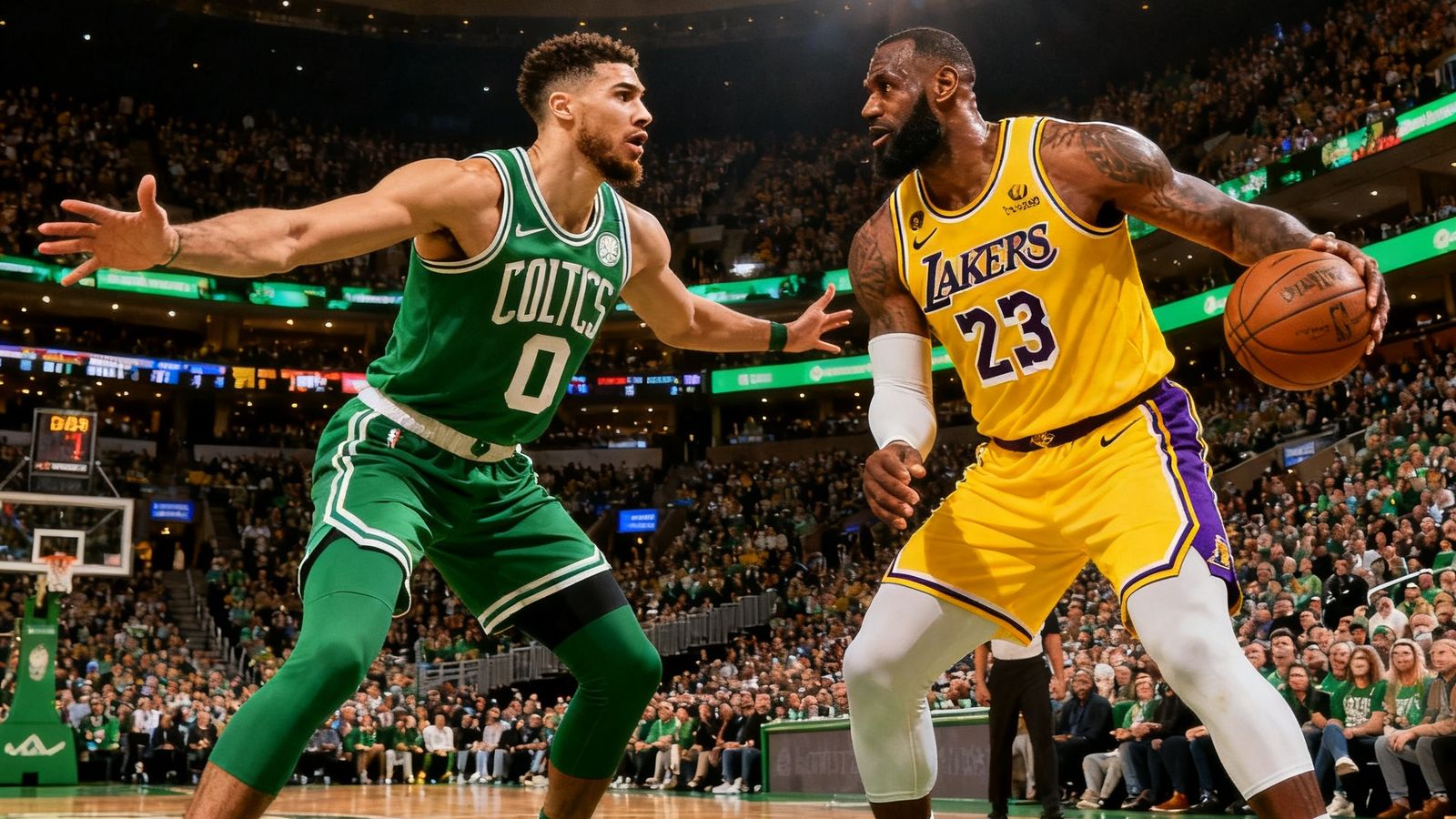 NBA常规赛洛杉矶湖人客场挑战波士顿凯尔特人，勒布朗与塔图姆对位，球馆爆满
